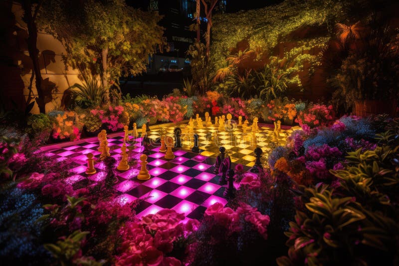 Neon chess garden, with plants and blooming flowers vector illustration