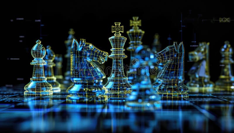 Neon Chess Pieces on Digital Grid royalty free illustration