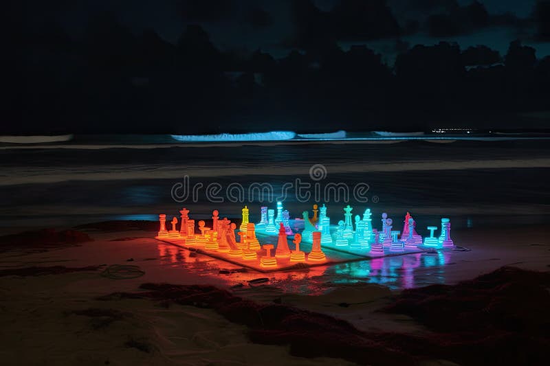 Neon chess set on beach, with waves rolling in and gulls flying overhead royalty free illustration