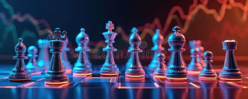 Neon chess set on board against dynamic graph background. Illustration evokes strategy competition, intelligence. Vivid lighting vector illustration