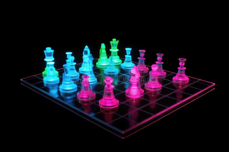 Neon chess set floating in a black void vector illustration
