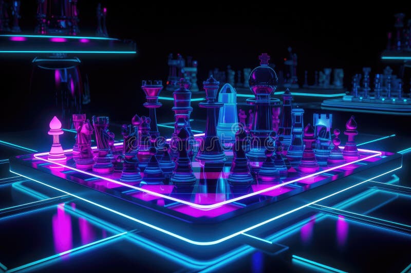 A futuristic chess board with neon lights and unique pieces against a  cosmological background