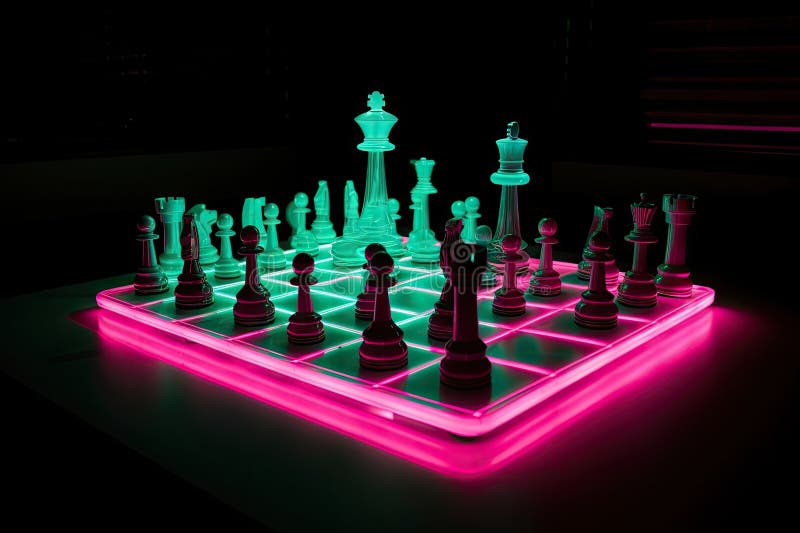 A neon chess set, with pieces in motion and the checkmate in sight royalty free illustration