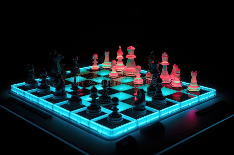 A neon chess set, with pieces in motion and the checkmate in sight vector illustration