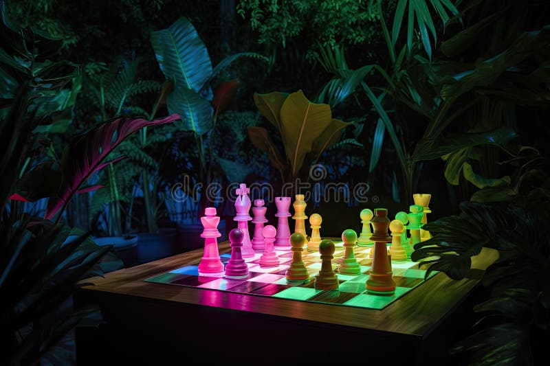 Neon chess set on wooden table surrounded by greenery royalty free illustration