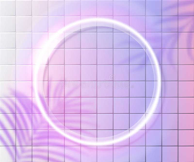 Neon circle frame on pink tiles wall, white glowing frame. Tropic frond leaves shadow overlay. Trendy glow background