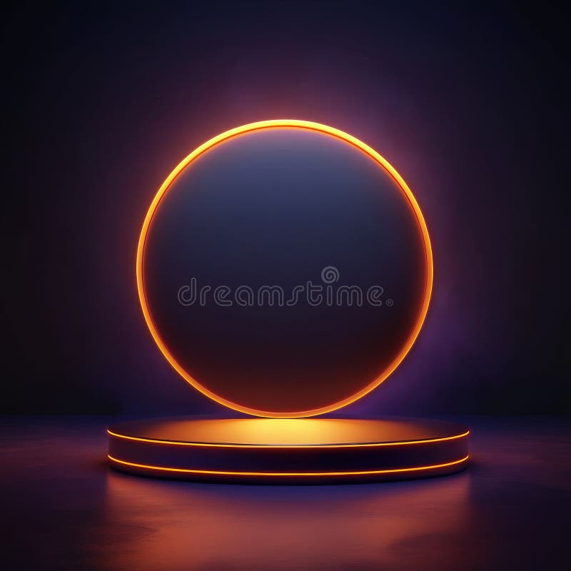 Neon Circle и освещаемая платформа : Абстрактный темный фон иллюстрация вектора