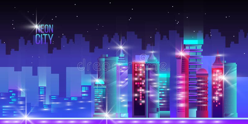 Neon City Background with Skyscrapers, Cityscape, Flares, Stars. Stock  Vector - Illustration of cityscape, violet: 187557596