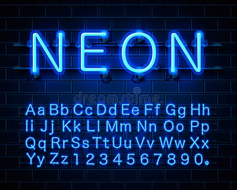 Текст синим шрифтом. Шрифт из неоновых трубок. Neon Alphabet English. Blue font City. Английский алфавит с неоном под наклоном.
