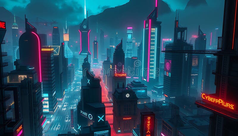 Neon City skyline på natten med vibrerande stadsljus futuristic metropolis Stock Photo Generative AI royaltyfri illustrationer
