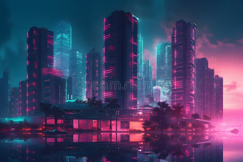 Neon City Synthwave Retrowave Style. Neural Network AI Generated Stock