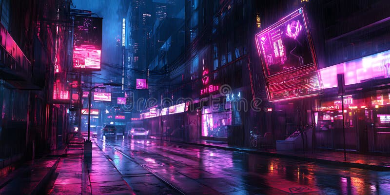 Neon Cityscape Cyberpunk Νυχτερινή τέχνη απεικόνιση αποθεμάτων