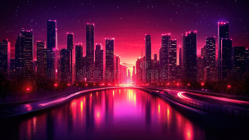 Neon Cityscape Night River Sunset Skyline royaltyfria bilder
