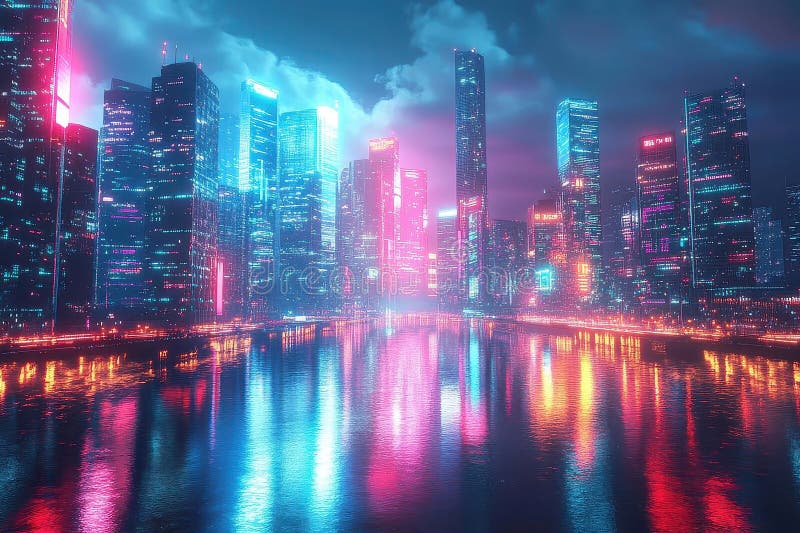 Neon cityscape reflétant dans l'eau la nuit cyberpunk ville avec architecture futuriste bâtiments et lig illustration libre de droits