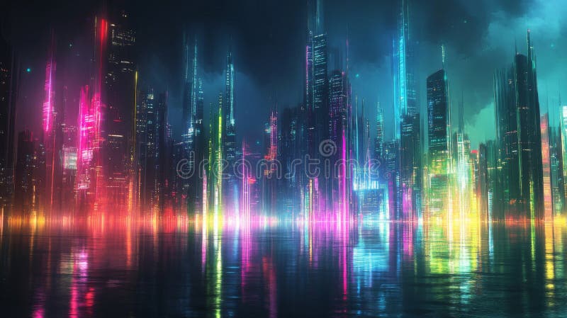 Neon cityscape reflétant dans l'eau la nuit illustration de vecteur