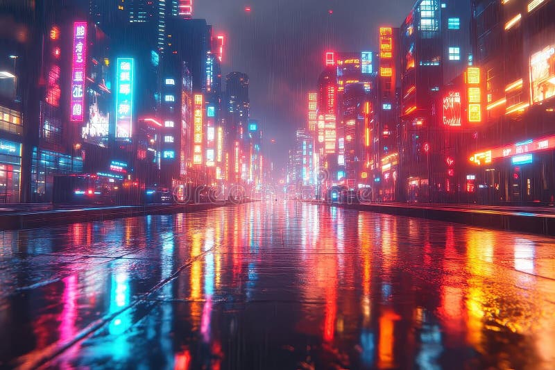 Neon cityscape reflétant dans un pavé humide après une tempête de pluie illustration libre de droits