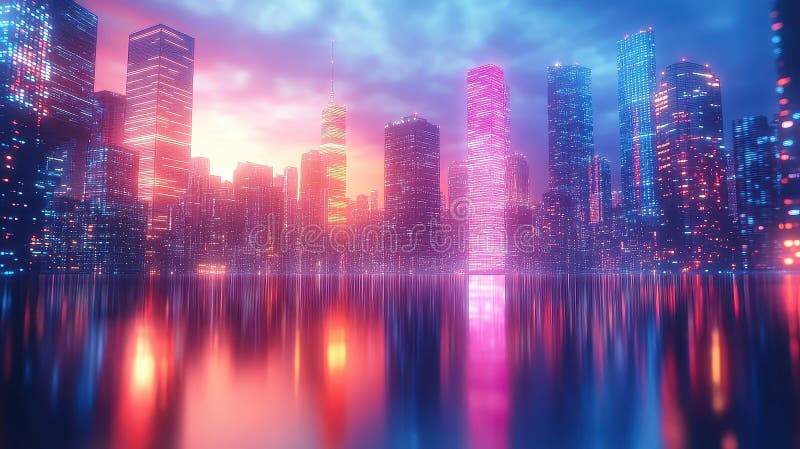 Neon cityscape réfléchissant dans l'eau avec des lumières rose et bleu illustration stock