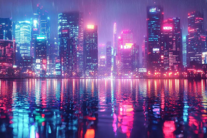 Neon cityscape réfléchissant sur l'eau avec la pluie tombant illustration stock