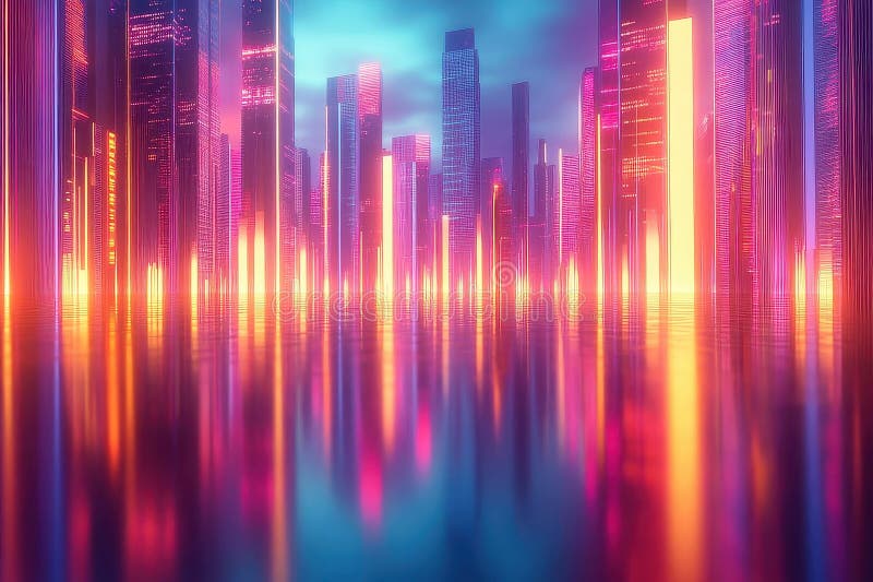 Neon cityscape réfléchissant à la surface de l'eau avec des couleurs vives illustration libre de droits