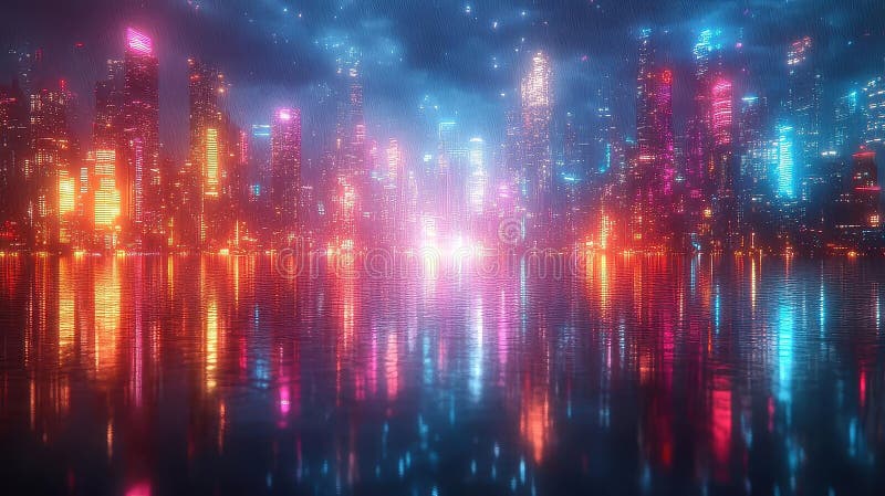 Neon cityscape αντανακλώντας στο νερό ψηφιακή τέχνη futuristic city cyberpunk νυχτερινή πόλη βροχερή νύχτα 80s αισθητική ελεύθερη απεικόνιση δικαιώματος