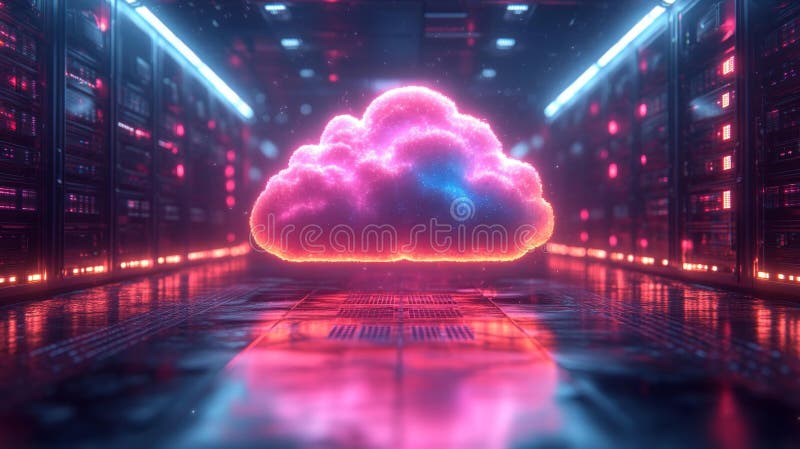 Neon Cloud in Futuristic Data Center Generative AI. A glowing neon cloud floating inside a futuristic data center, symbolizing cloud computing technology and digital infrastructure