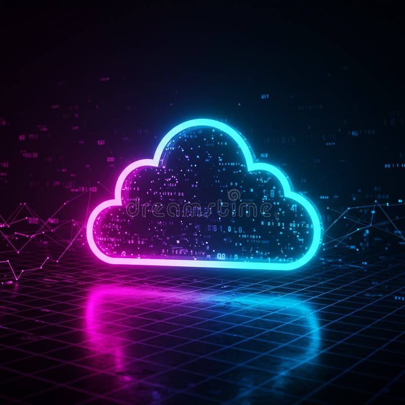 Neon cloud icon against a dark grid background, symbolizing cloud computing or digital royalty free illustration