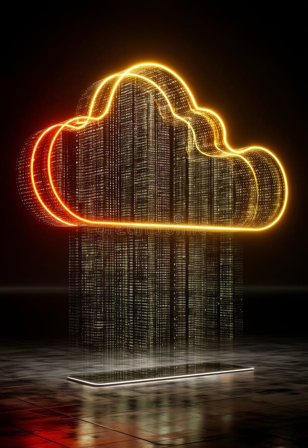 Neon Cloud Icon with Data Streams in Vibrant Colors Against a Dark Background royalty free illustration