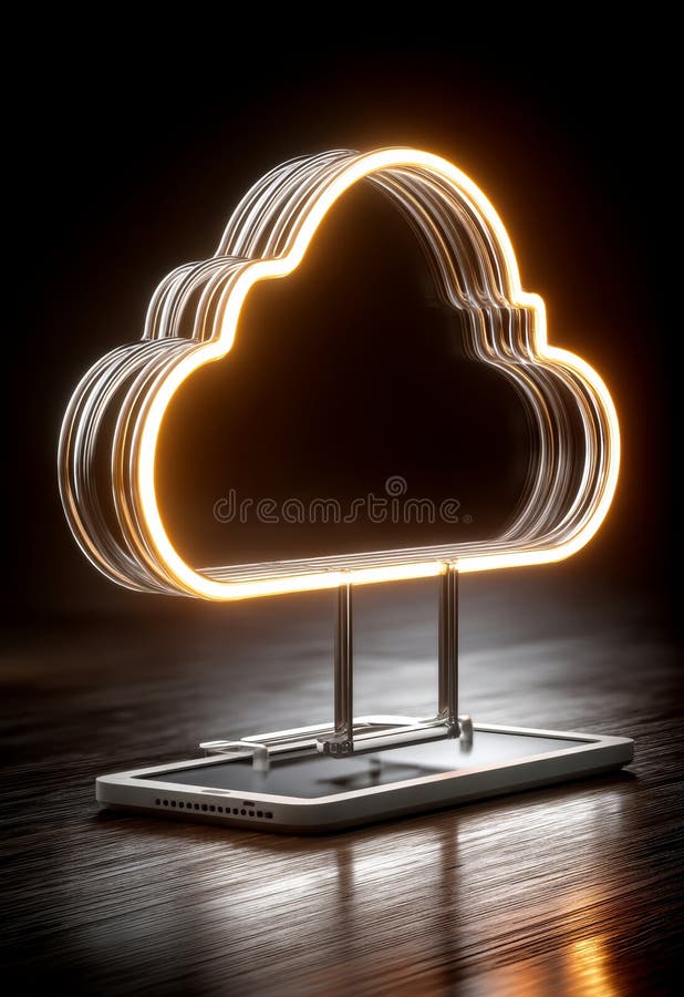 Neon Cloud Icon Displayed on Tablet with Stylish and Modern Design Elements vector illustration