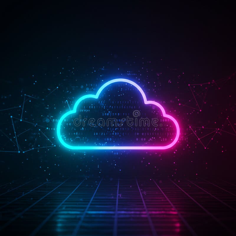 Neon cloud icon with a gradient of cyan and magenta floats in a dark digital space. royalty free illustration