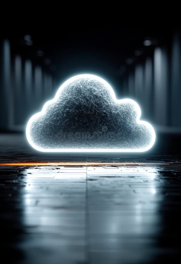 Neon Cloud Icon Hovering Above a Dark Tablet Surface in an Urban Environment stock illustration