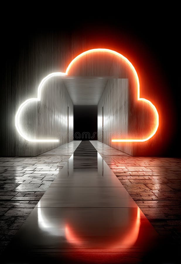 Neon Cloud Icon Hovering Over Futuristic Pathway in Modern Digital Setting vector illustration