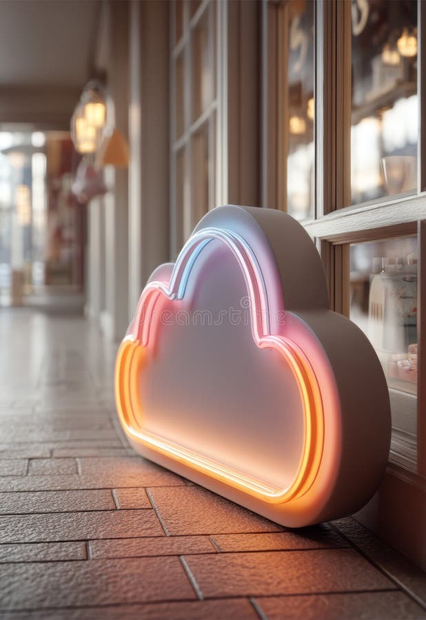 Neon Cloud Icon with Vibrant Colors in a Cozy Interior Space stock illustration