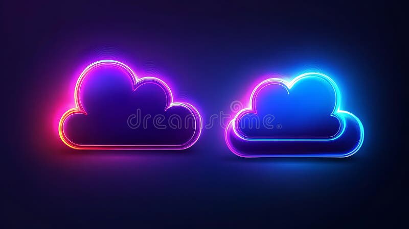 Neon Cloud Icons Glowing In Dark Background stock illustration