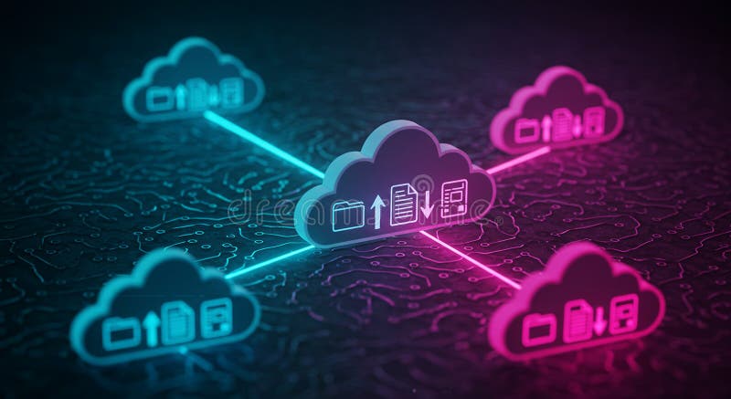 Neon cloud icons interconnected on a dark, circuit-like background represent royalty free illustration