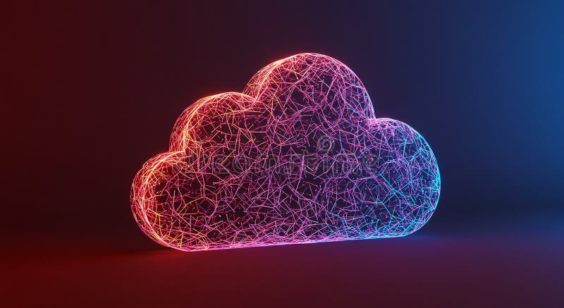 Neon cloud-shaped structure composed of intricate, glowing, interwoven lines. Left side emits a warm red hue, transitioning to a cool blue on the right. Set against a dark background, highlighting the vibrant, ethereal glow. The design suggests a digital or technological theme, symbolizing modern cloud computing concepts.
