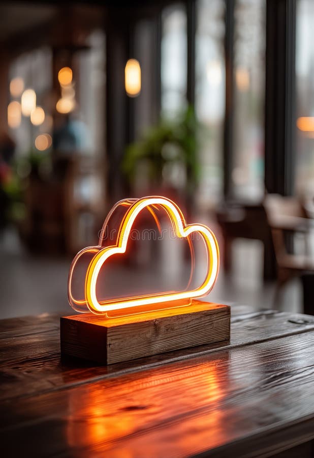 Neon Cloud Storage Concept Displayed on Tablet in Modern Cafe Setting vector illustration