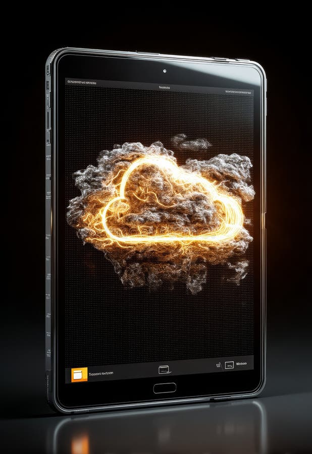 Neon Cloud Symbol on a Computer Tablet with Bright Glow and Modern Design stock illustration