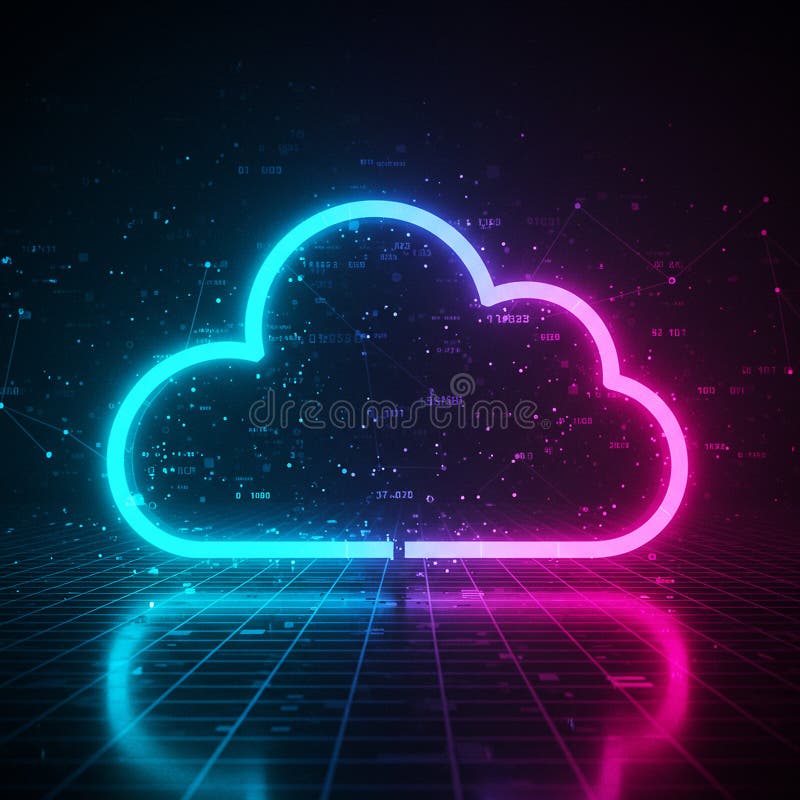 Neon cloud symbol with dual blue and pink gradient glows in a digital grid environm stock illustration