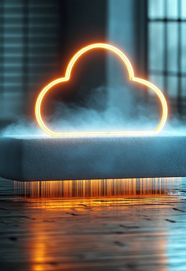 Neon Cloud Symbol Floating Above a Soft Surface with Atmospheric Effects stock illustration