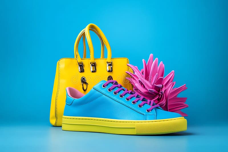 Neon color accessories like bags and sneakers with fluorescent details, illustrated in a scene where neon-colored bags and stock illustration