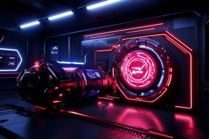 Neon color digital displays with futuristic interfaces and glowing effects, illustrated in a scene where digital displays feature stock illustration