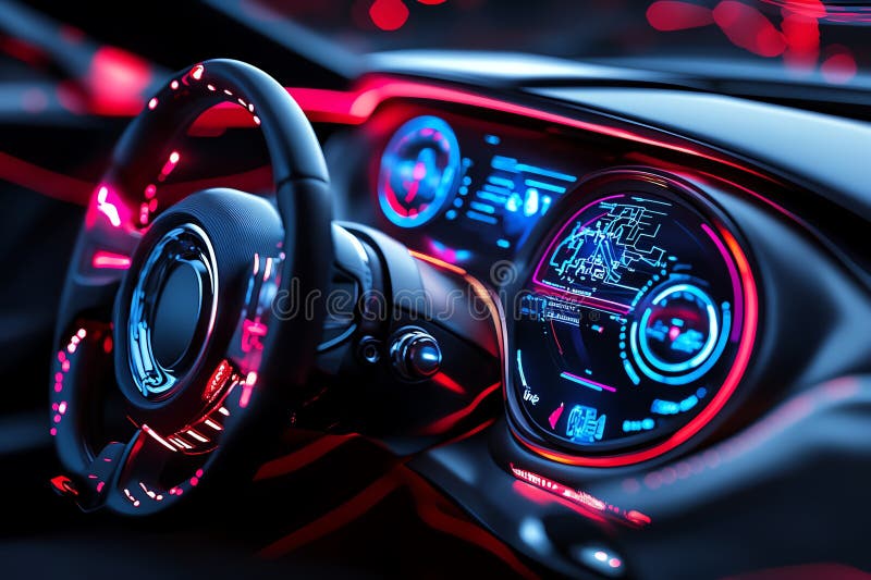 Neon color digital displays with futuristic interfaces and glowing effects, illustrated in a scene where digital displays feature stock illustration