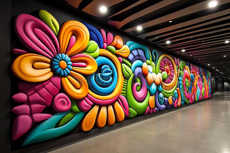 Neon color graffiti art with bold and expressive patterns, illustrated in a scene where a graffiti mural features bold, expressive stock illustration