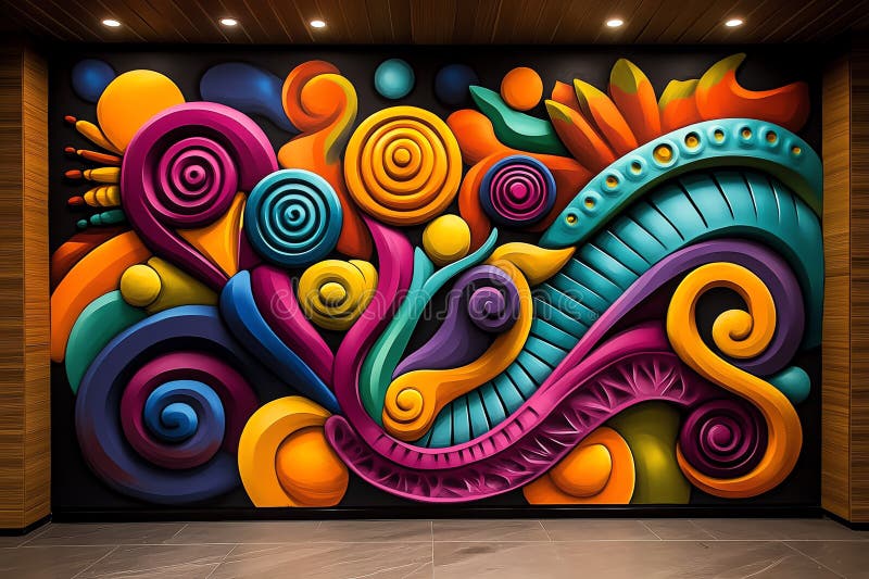 Neon color graffiti art with bold and expressive patterns, illustrated in a scene where a graffiti mural features bold, expressive royalty free illustration