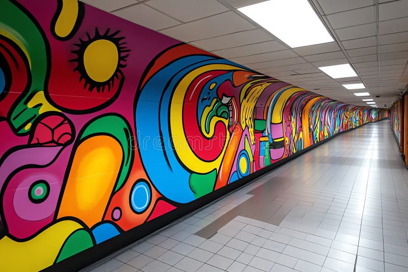 Neon color graffiti art with bold and expressive patterns, illustrated in a scene where a graffiti mural features bold, expressive vector illustration