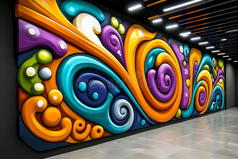 Neon color graffiti art with bold and expressive patterns, illustrated in a scene where a graffiti mural features bold, expressive vector illustration