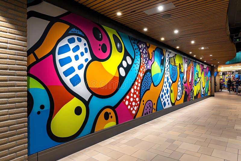 Neon color graffiti with bold and dynamic patterns, illustrated in a scene where a graffiti mural features bold, dynamic patterns stock illustration