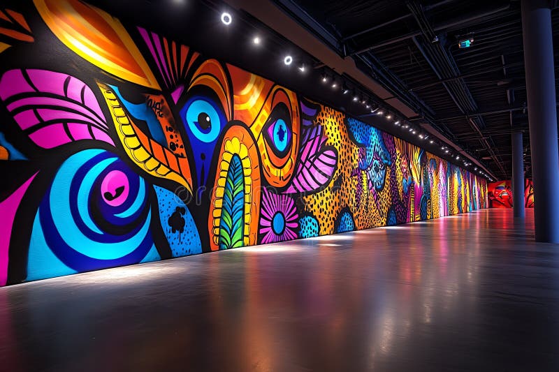 Neon color graffiti with bold and dynamic patterns, illustrated in a scene where a graffiti mural features bold, dynamic patterns royalty free illustration