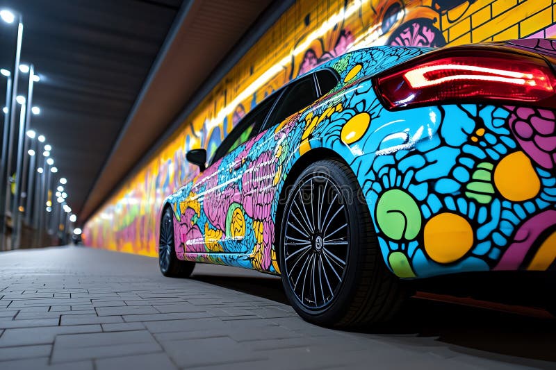 Neon color graffiti with bold and expressive patterns, illustrated in a scene where a graffiti mural features bold, expressive royalty free illustration