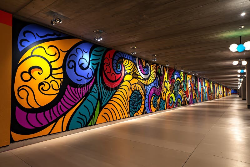 Neon color graffiti with bold and expressive patterns, illustrated in a scene where a graffiti mural features bold, expressive vector illustration